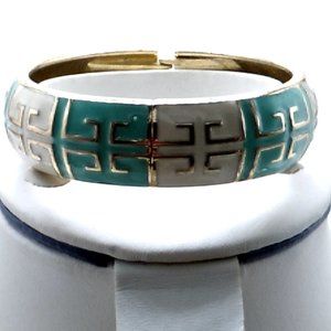 Cuff Bangle Hinged Bracelet Silver-tone White Turquoise Enamel  Metal